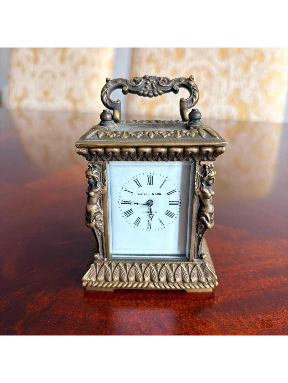 Antique Elliott & Son Brass Carriage Clock  with Ornate Detailing w/ Key Wind